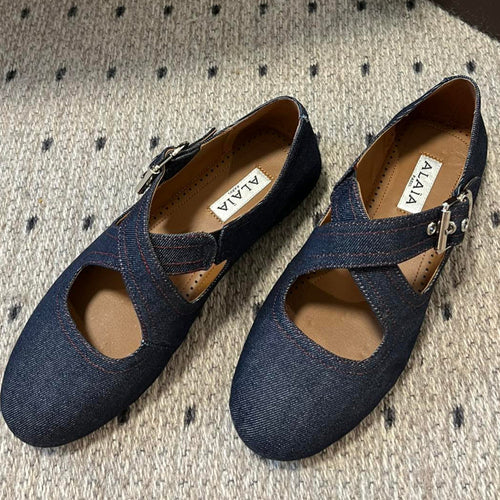 Alaia 25 Criss Cross With Stud Ballet Flats Denim Blue Sheepskin 303695