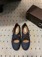 Alaia 25 Criss Cross With Stud Ballet Flats Denim Blue Sheepskin 303695