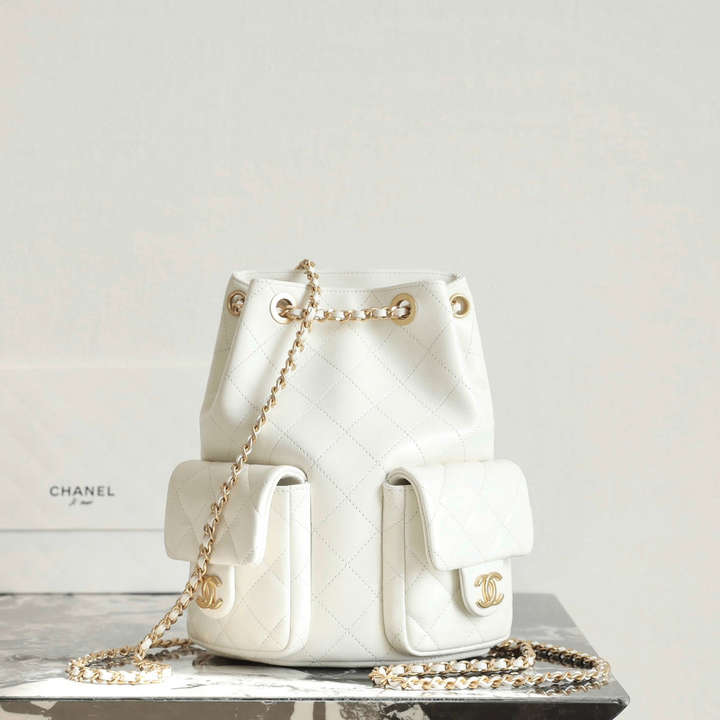 CC Drawstring Backpack 24.3cm White Lambskin