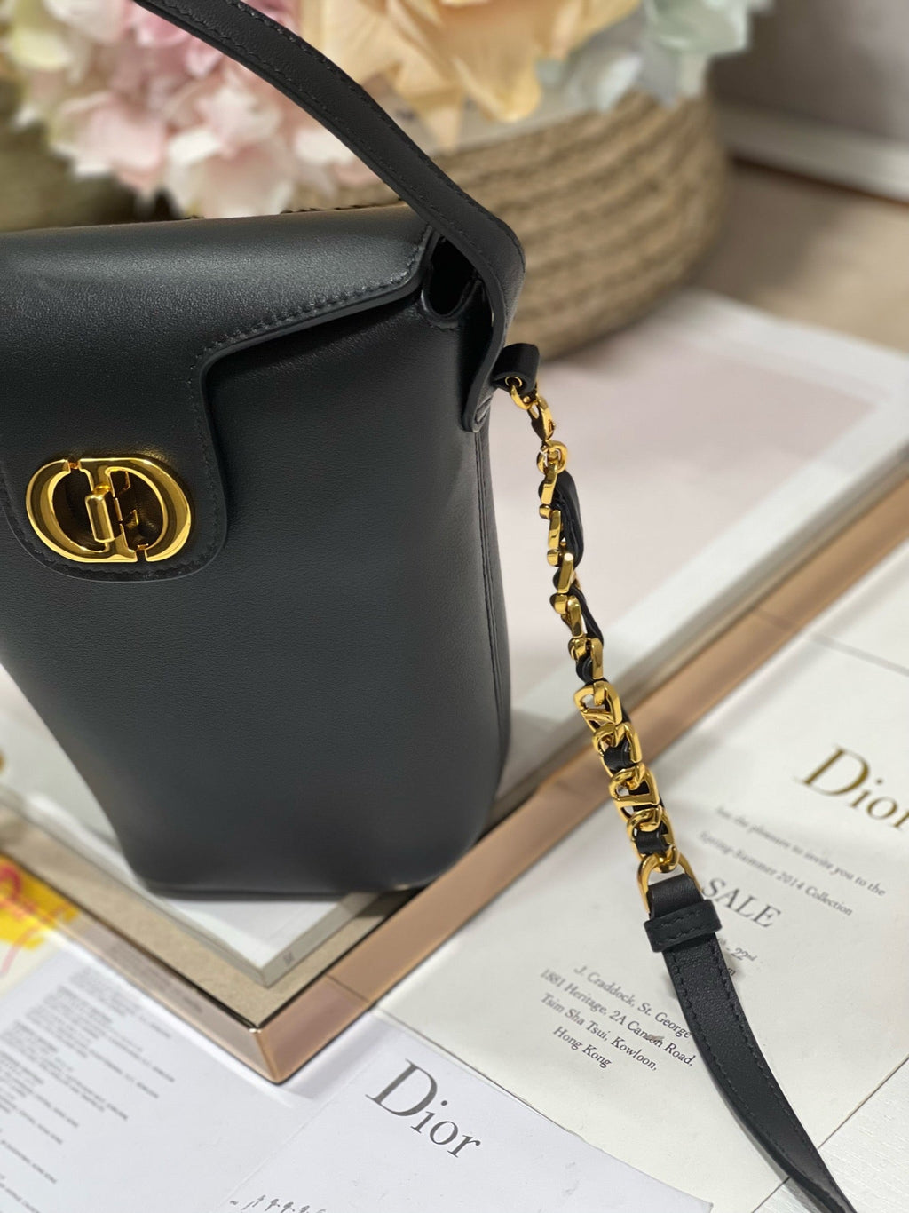 CD Montaigne Large Chain Bucket Bag Black Calfskin 336800
