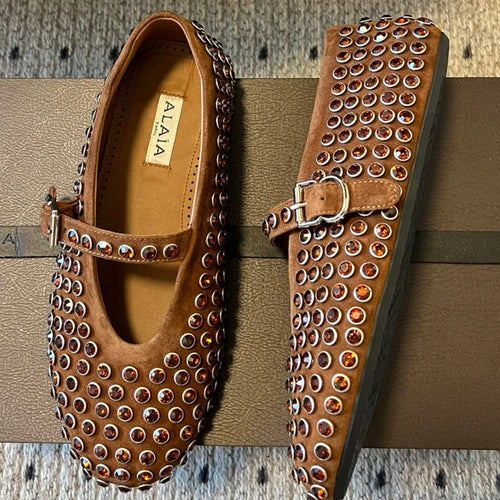 Alaia 25 Strass Ballet Flats Brown Suede Goatskin 303723