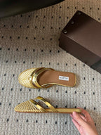 Alaia 25 Infradito Fishnet Flat Mules Gold Lampskin 303709