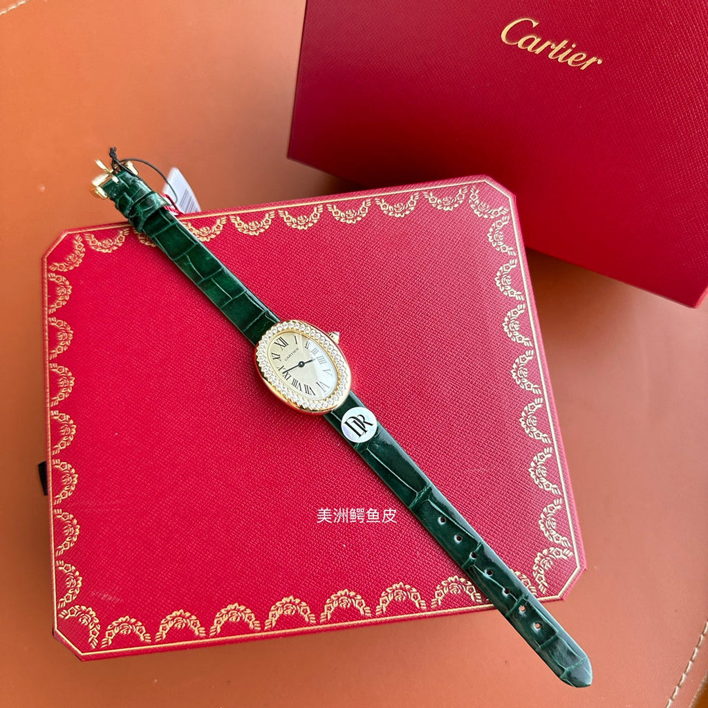 Baignoire 23mm Pink Gold Case Diamond Bezel Dark Green Leather Strap