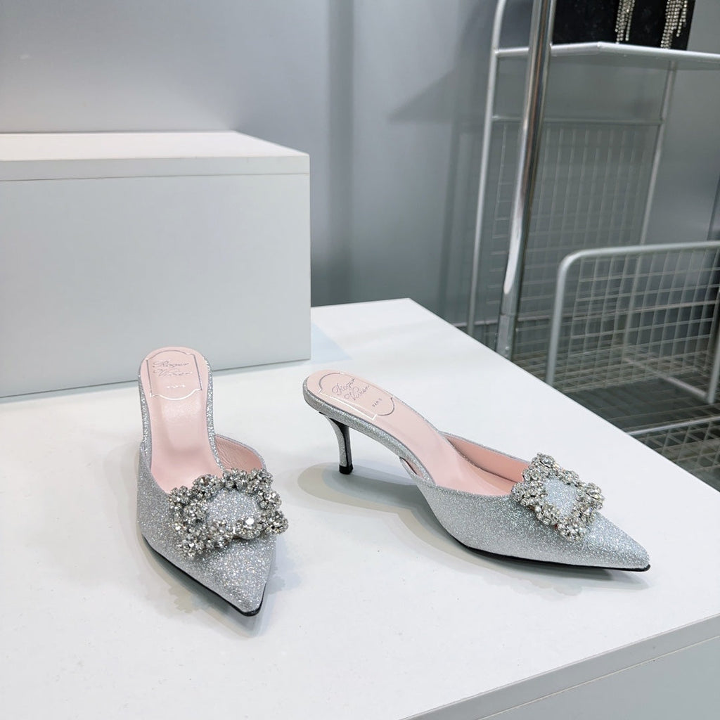 Viv 25 Mules Silver Silk Satin Czech Diamond 330671