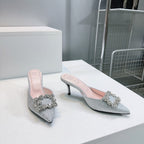 Viv 25 Mules Silver Silk Satin Czech Diamond 330671
