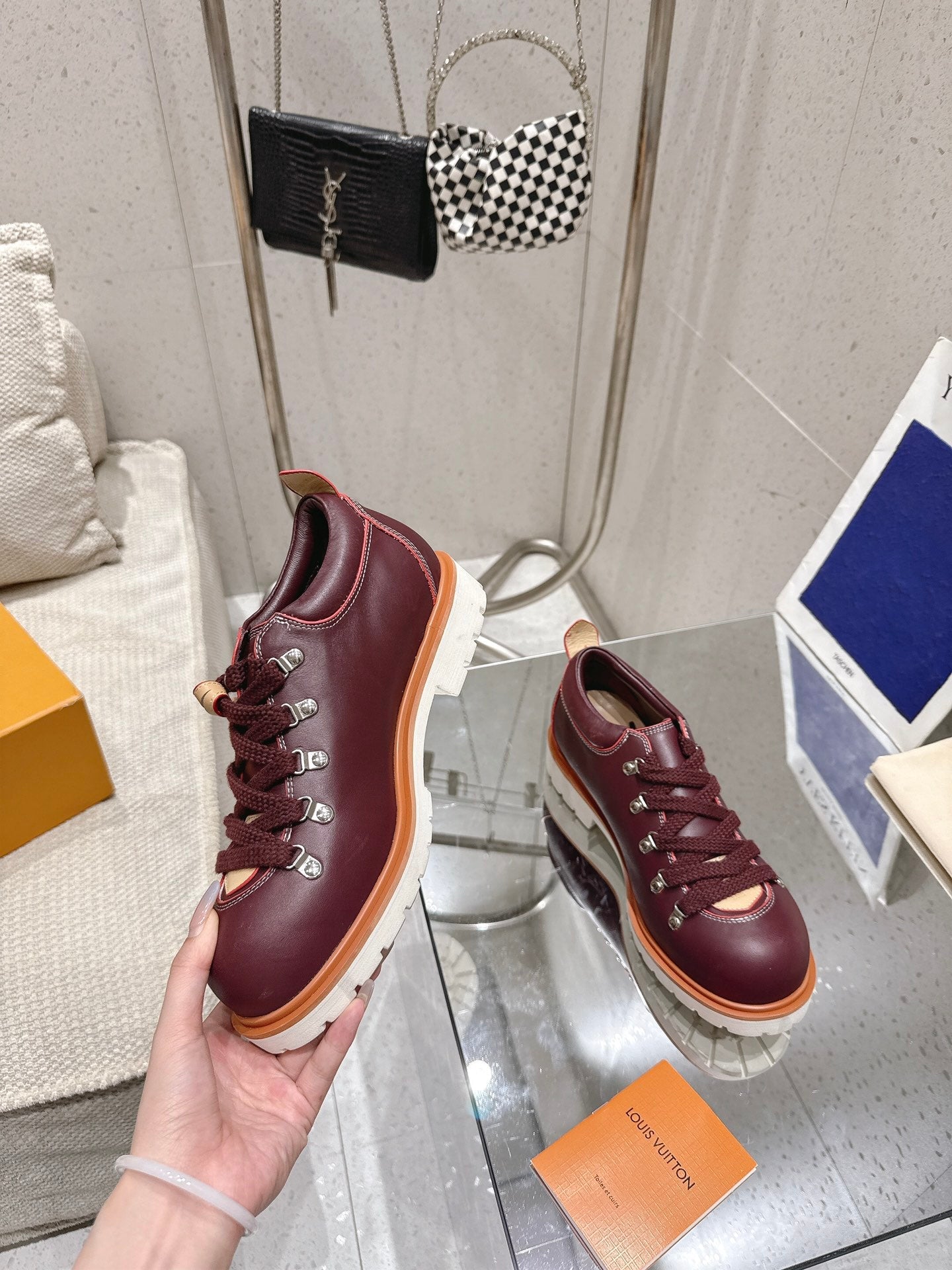 LV Pharrell and Nigo Hiking Shoes Burgundy Sheepskin 383739