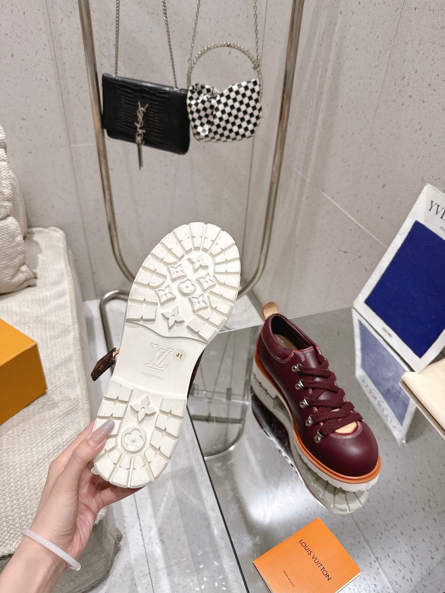 LV Pharrell and Nigo Hiking Shoes Burgundy Sheepskin 383739