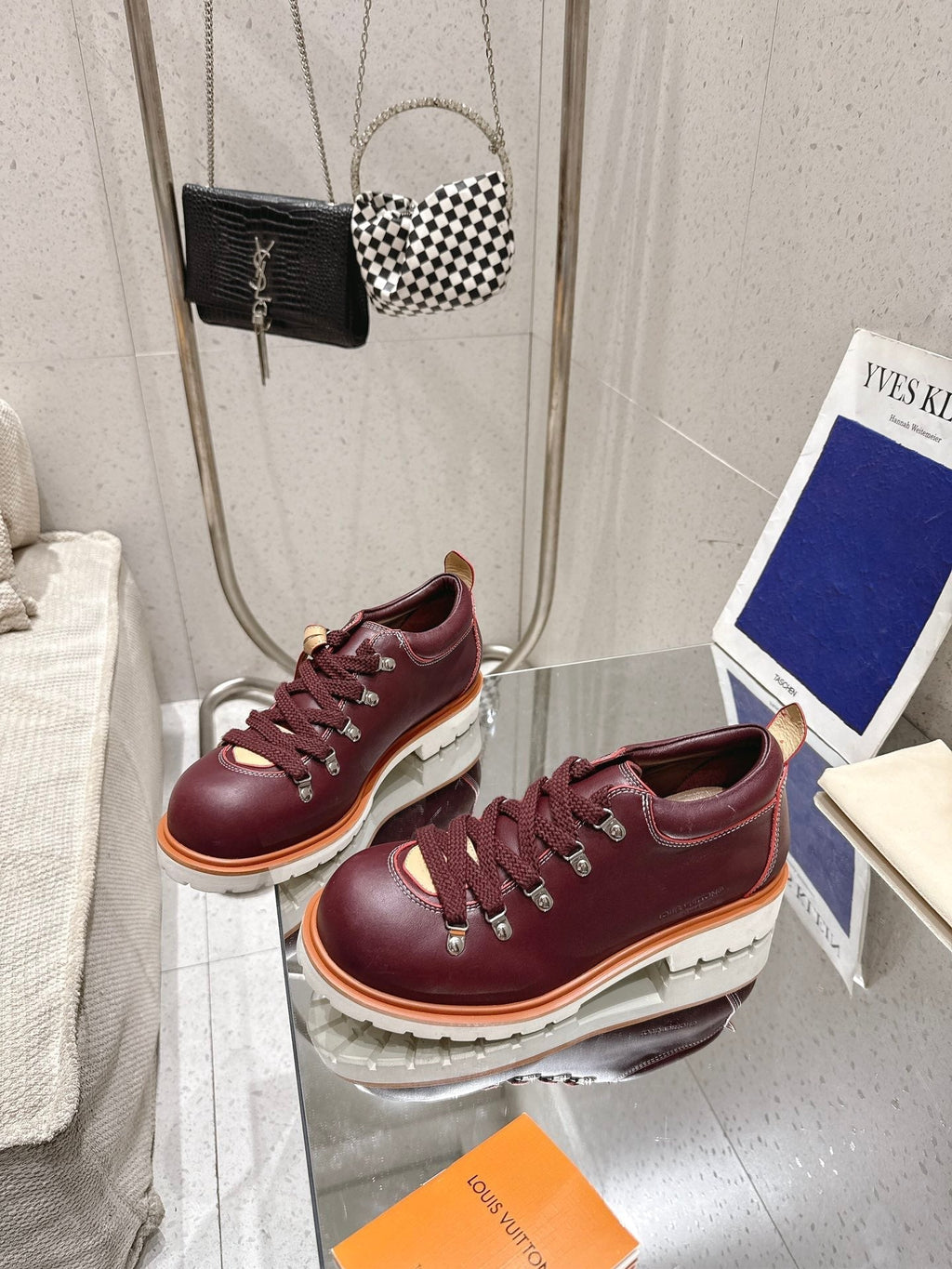 LV Pharrell and Nigo Hiking Shoes Burgundy Sheepskin 383739