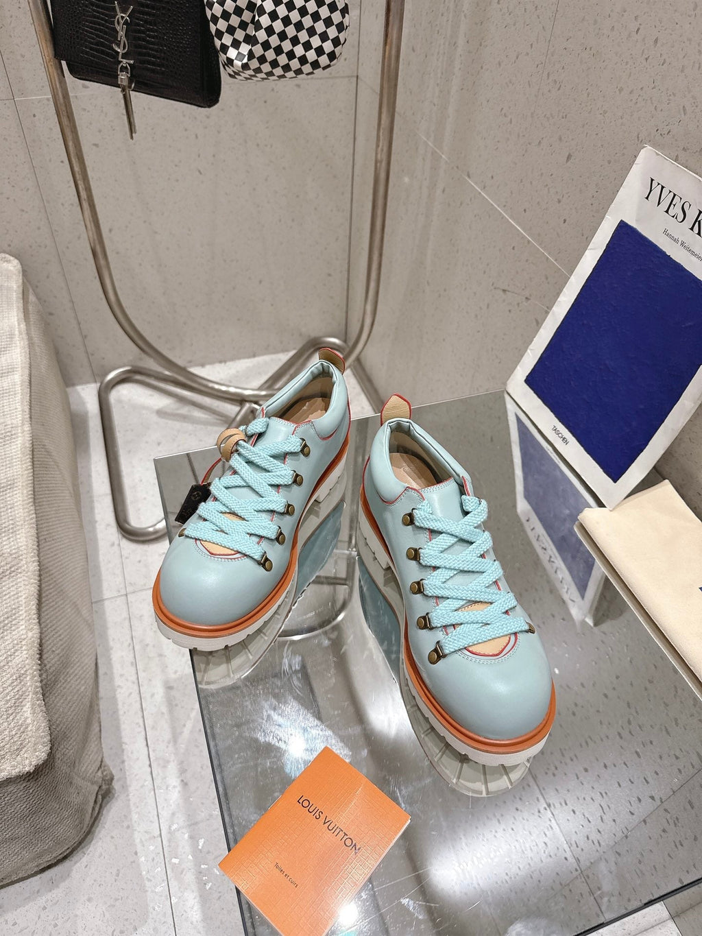 LV Pharrell and Nigo Hiking Shoes Light Blue Orange Sheepskin 383740
