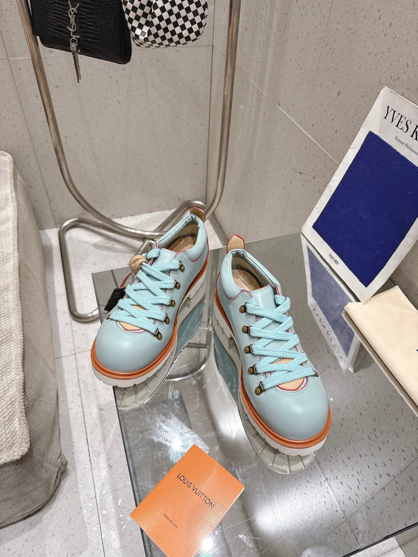 LV Pharrell and Nigo Hiking Shoes Light Blue Orange Sheepskin 383740