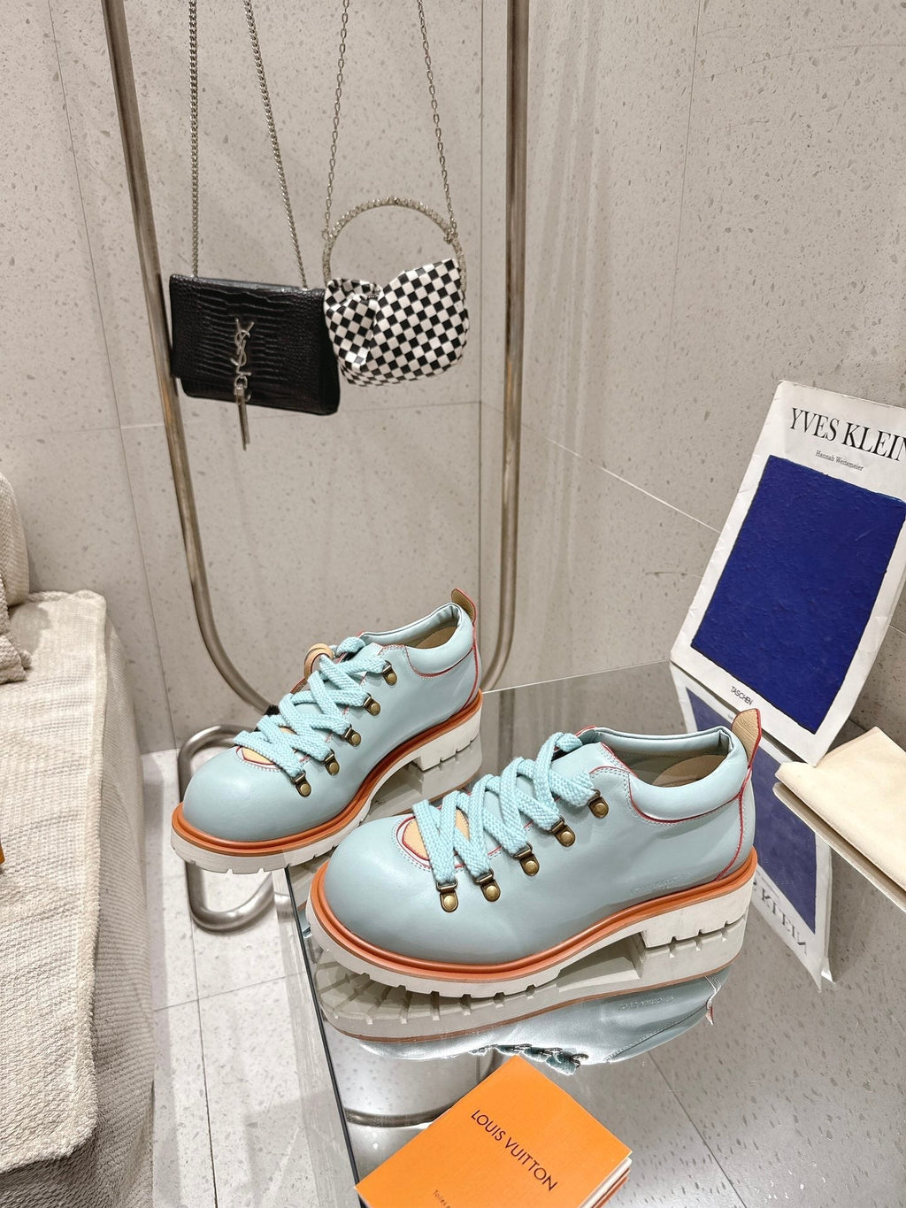 LV Pharrell and Nigo Hiking Shoes Light Blue Orange Sheepskin 383740
