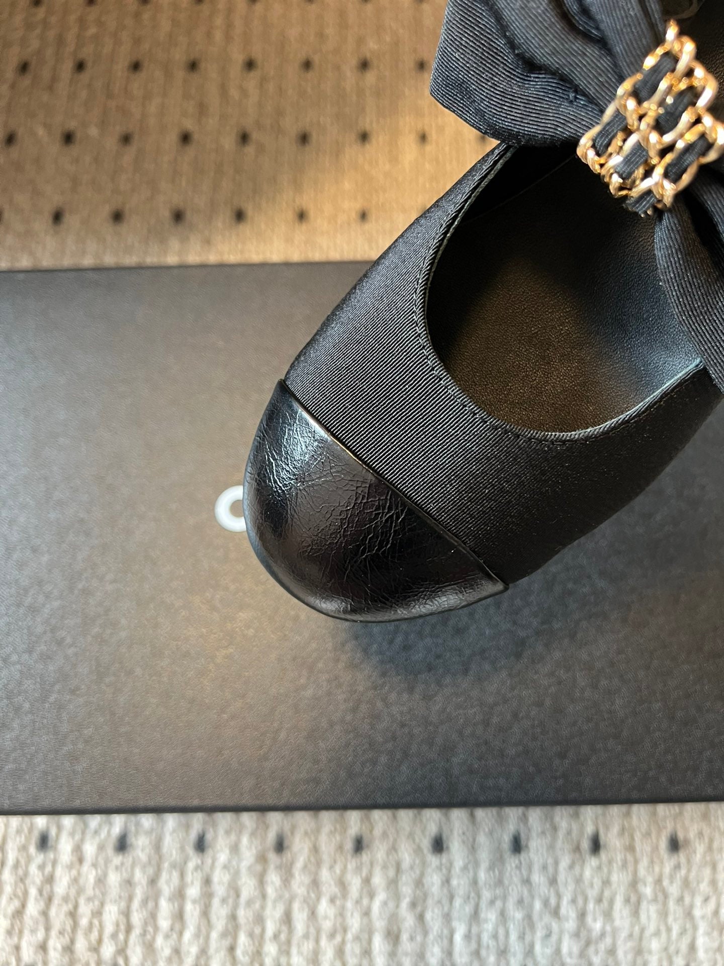 CC 25SS Bow Flat Shoes Black Sheepskin Canvas 530673