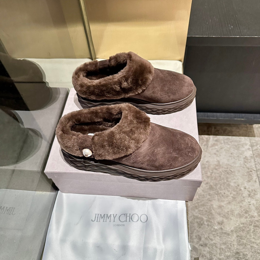 Jimmy Choo Flip Flops Dark Brown Suede Shearling Lining 538897