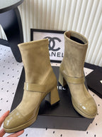 CC 25 Short Boot Olive Green Suede Patent Leather 514104