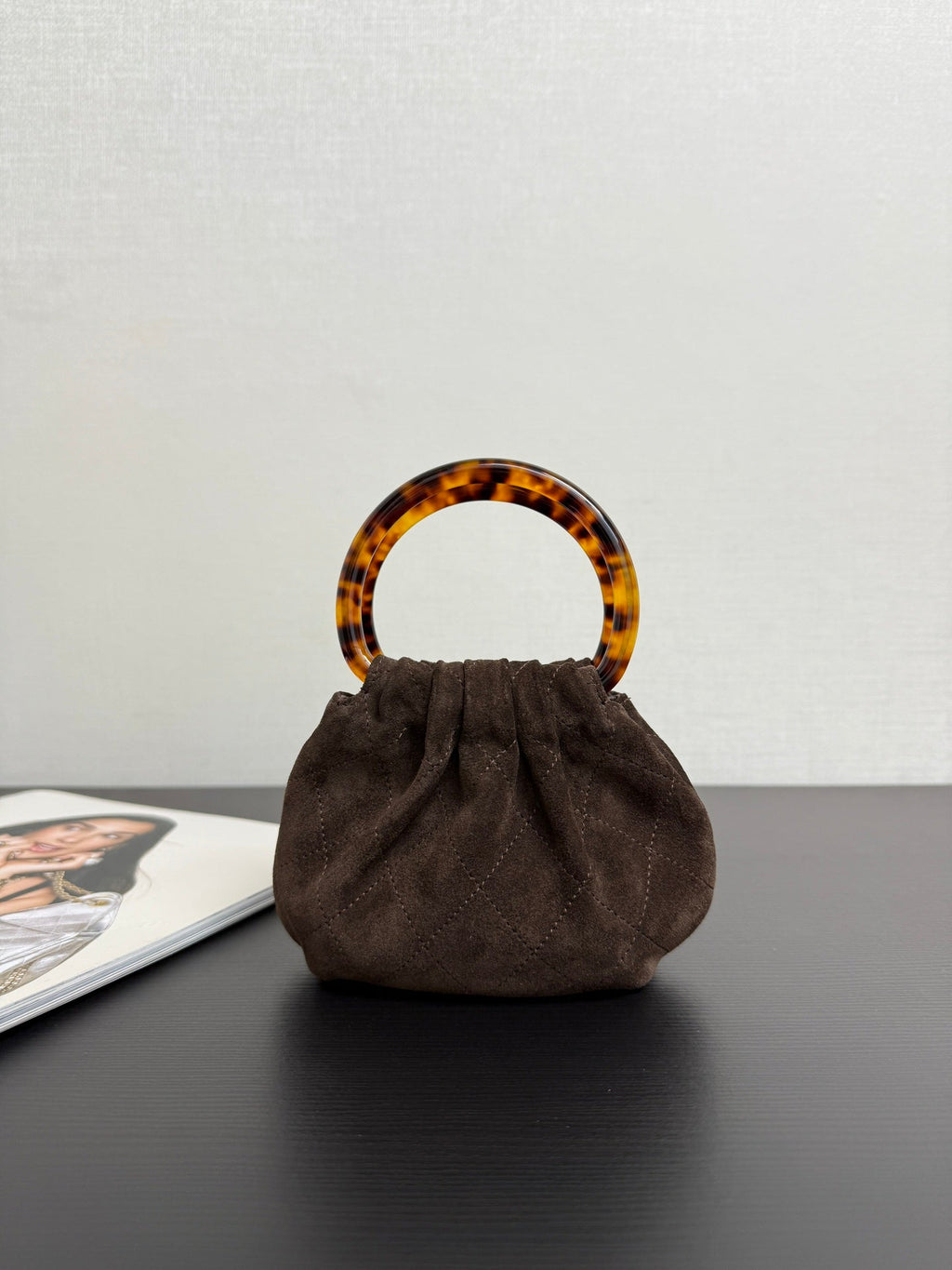 Chanel 2026 Pouch 24cm Dark Brown Tortoiseshell Suede Effect Plexi