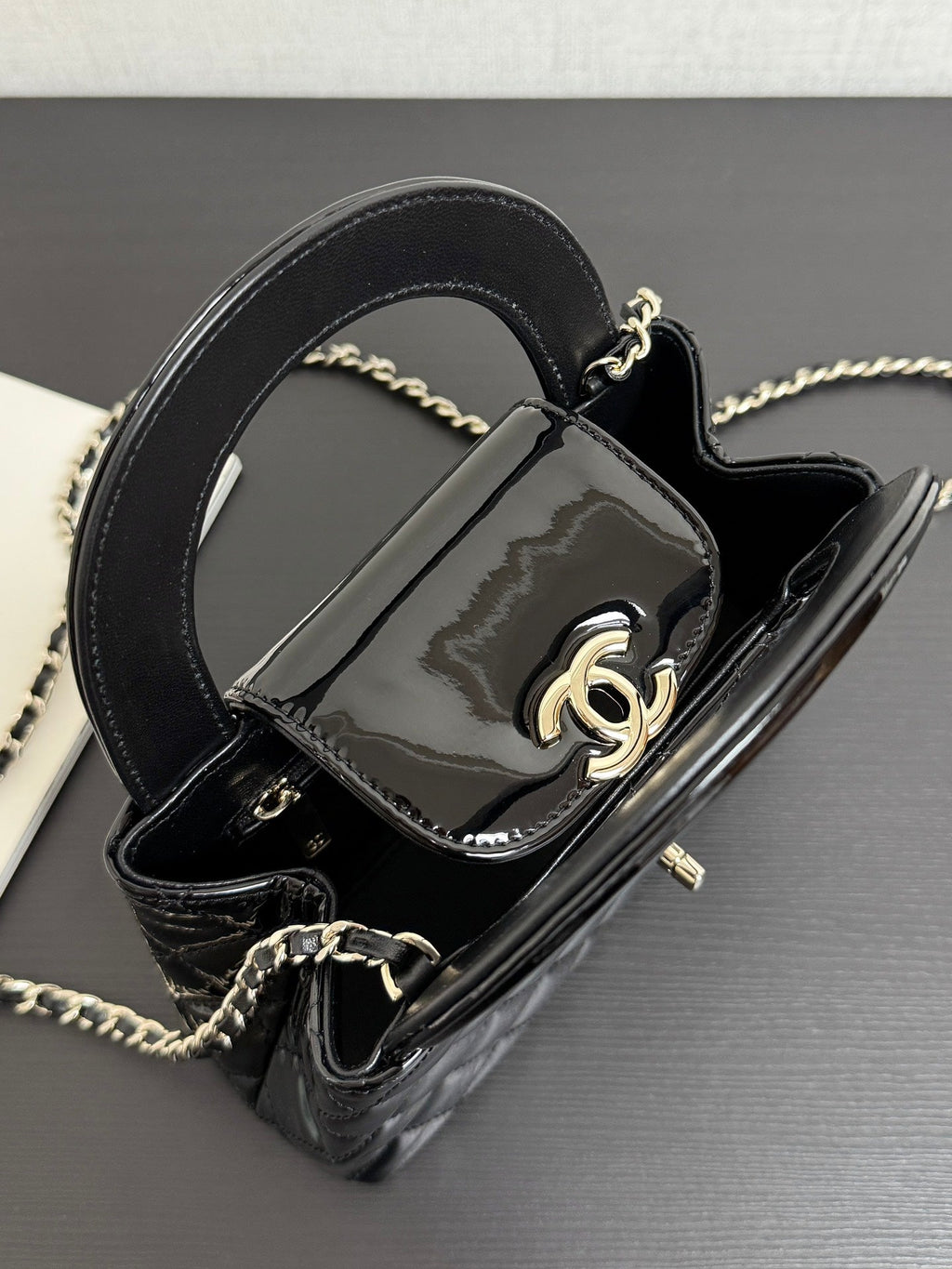 Chanel 2026 Kelly Bag 19cm Quilted Black Patent Leather
