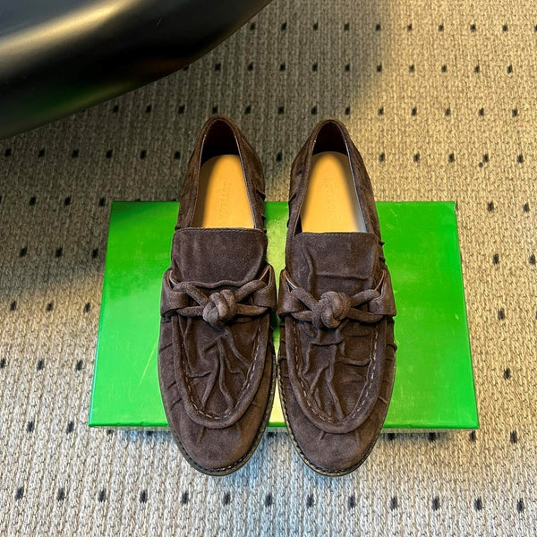 BV Astaire Loafers Knotted Dark Brown Crinkled-Suede Leather 616650