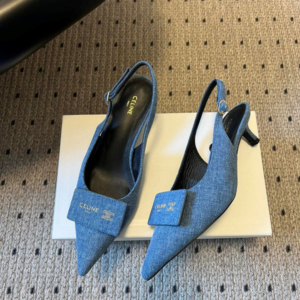 Celine Signature Slingback 5cm Blue Denim 619638