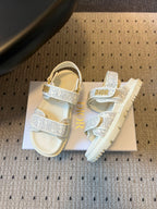 CD 26 Flats Sandals White Beige Sheepskin Embroidered Fabric 621798