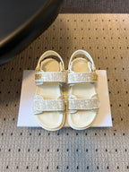 CD 26 Flats Sandals White Beige Sheepskin Embroidered Fabric 621798