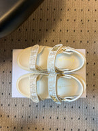CD 26 Platform Sandals White Beige Sheepskin Embroidered Fabric 621797