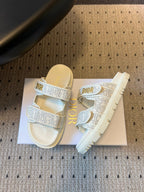 CD 26 Flat Slippers White Beige Sheepskin Embroidered Fabric 621803