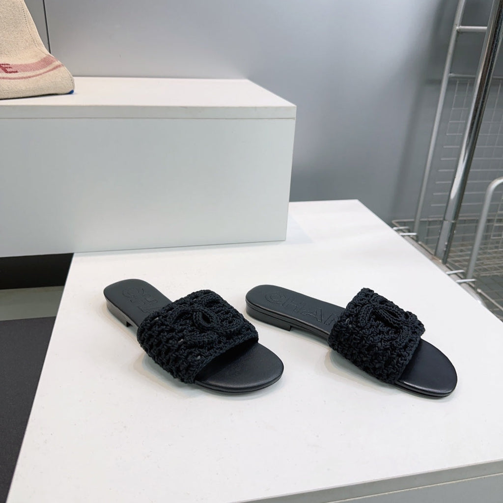 CC Flat Sandals Black Knitted Sheepskin 628641