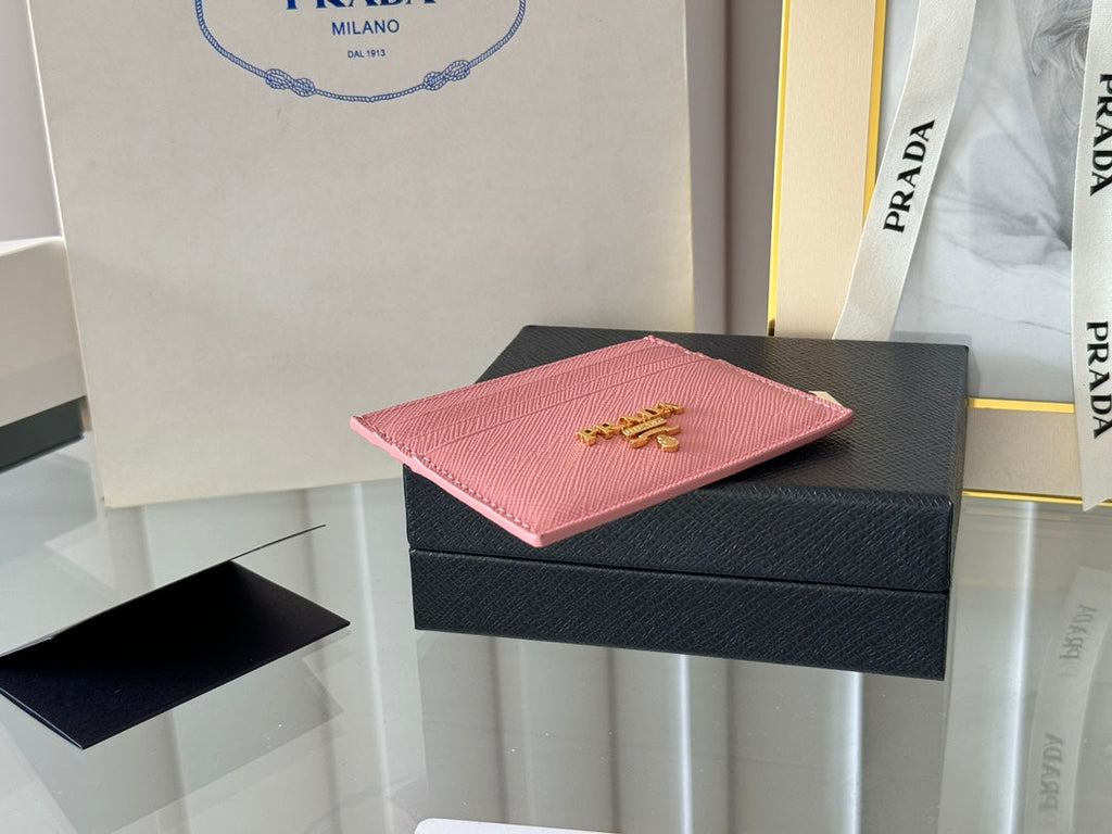 Pra Gold Logo-Stamp Card Holder Pink Saffiano Leather
