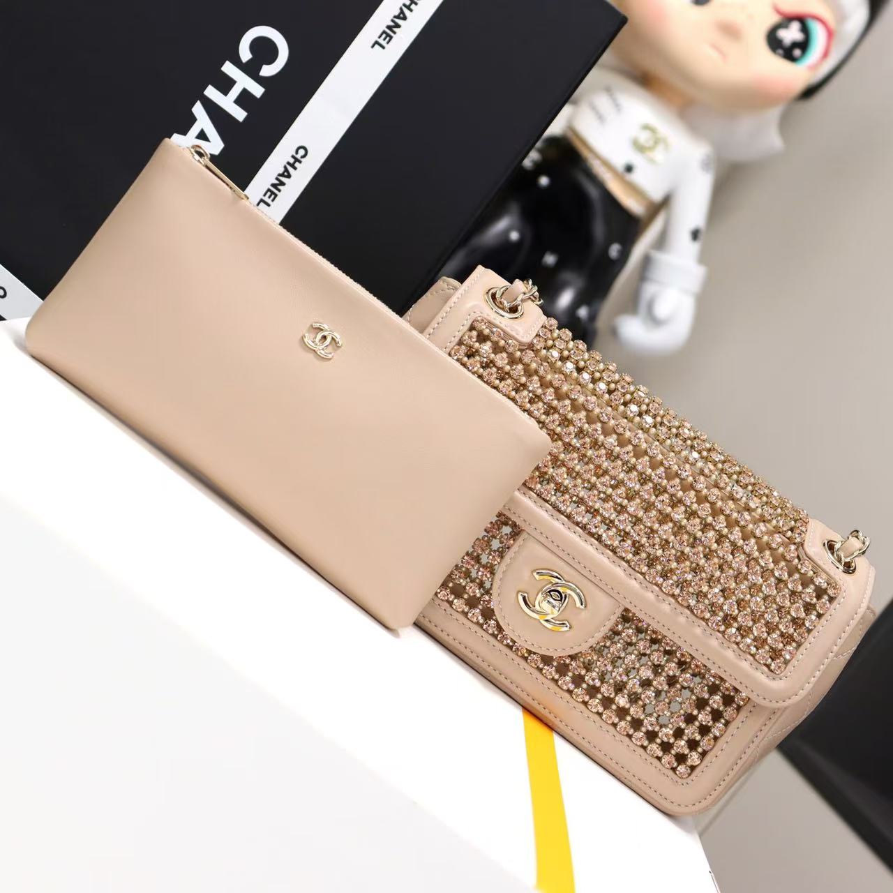 CC Crystal Flap Bag With Pouch Beige Lambskin