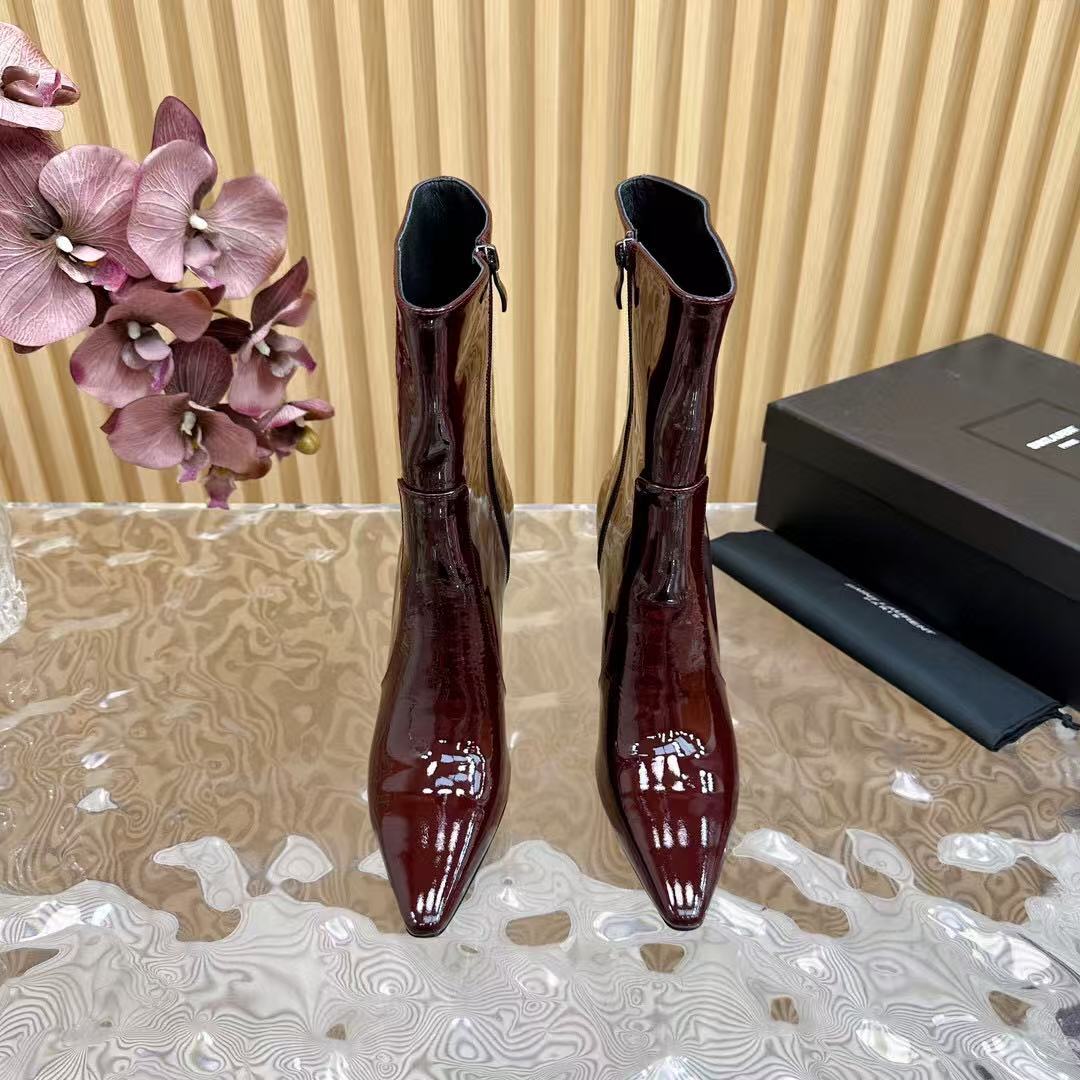 YSL Ankle Boots 90mm Burgundy Patent Leather