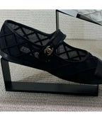 Chanel Mary Janes Flats Black Mesh Leather