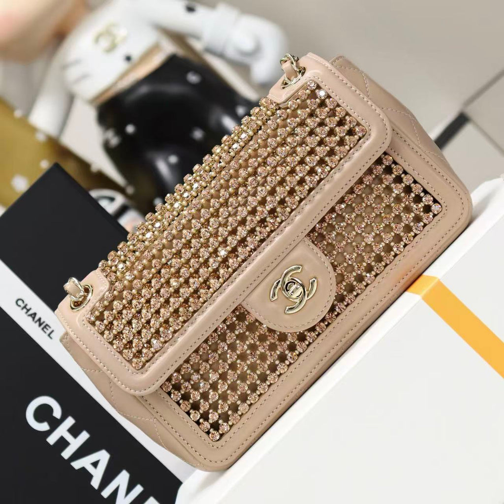 CC Crystal Flap Bag With Pouch Beige Lambskin