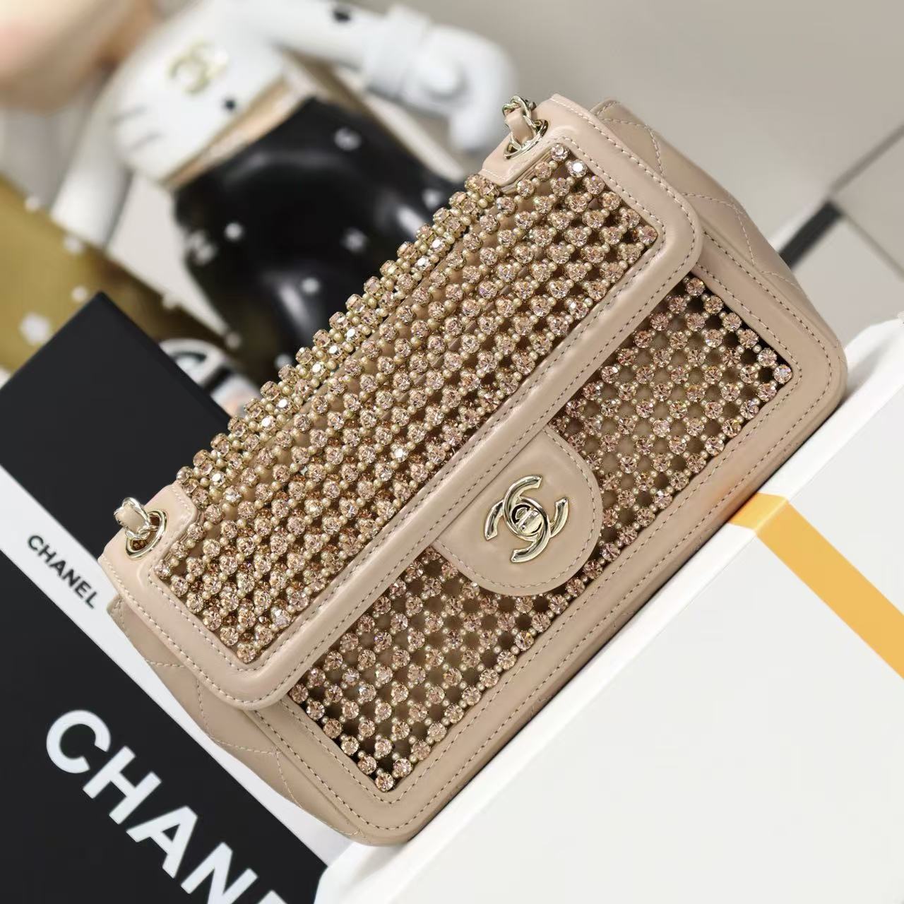CC Crystal Flap Bag With Pouch Beige Lambskin