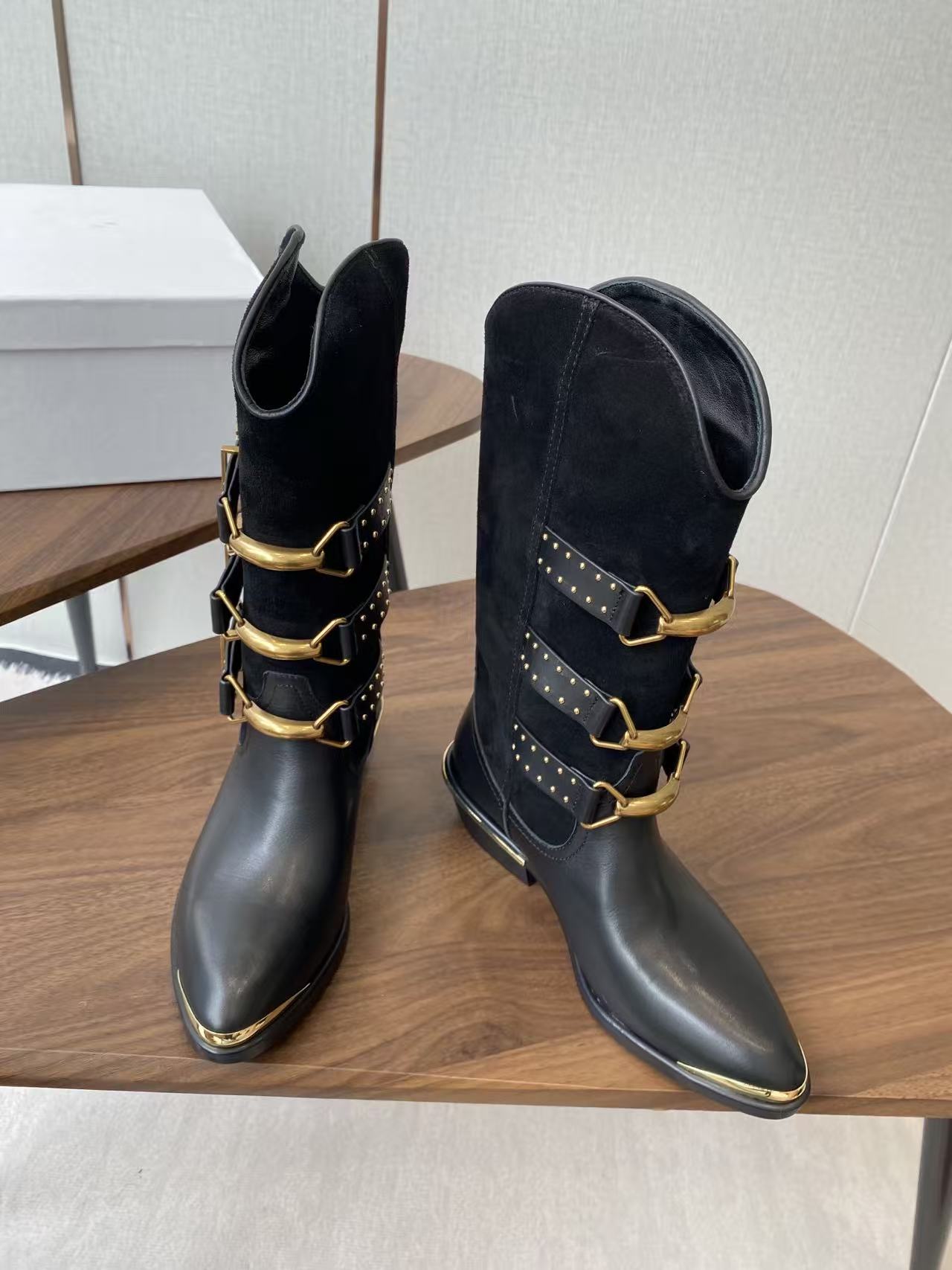 Isabel Marant Meixa Boots Santiag 30mm Black Leather and Metal