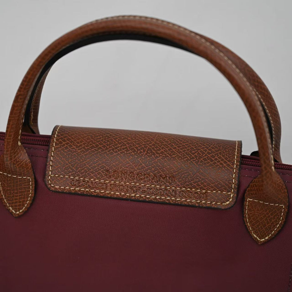 Longchamp Small Le Pliage Tote Bag Brown Burgundy Polyamide Leather