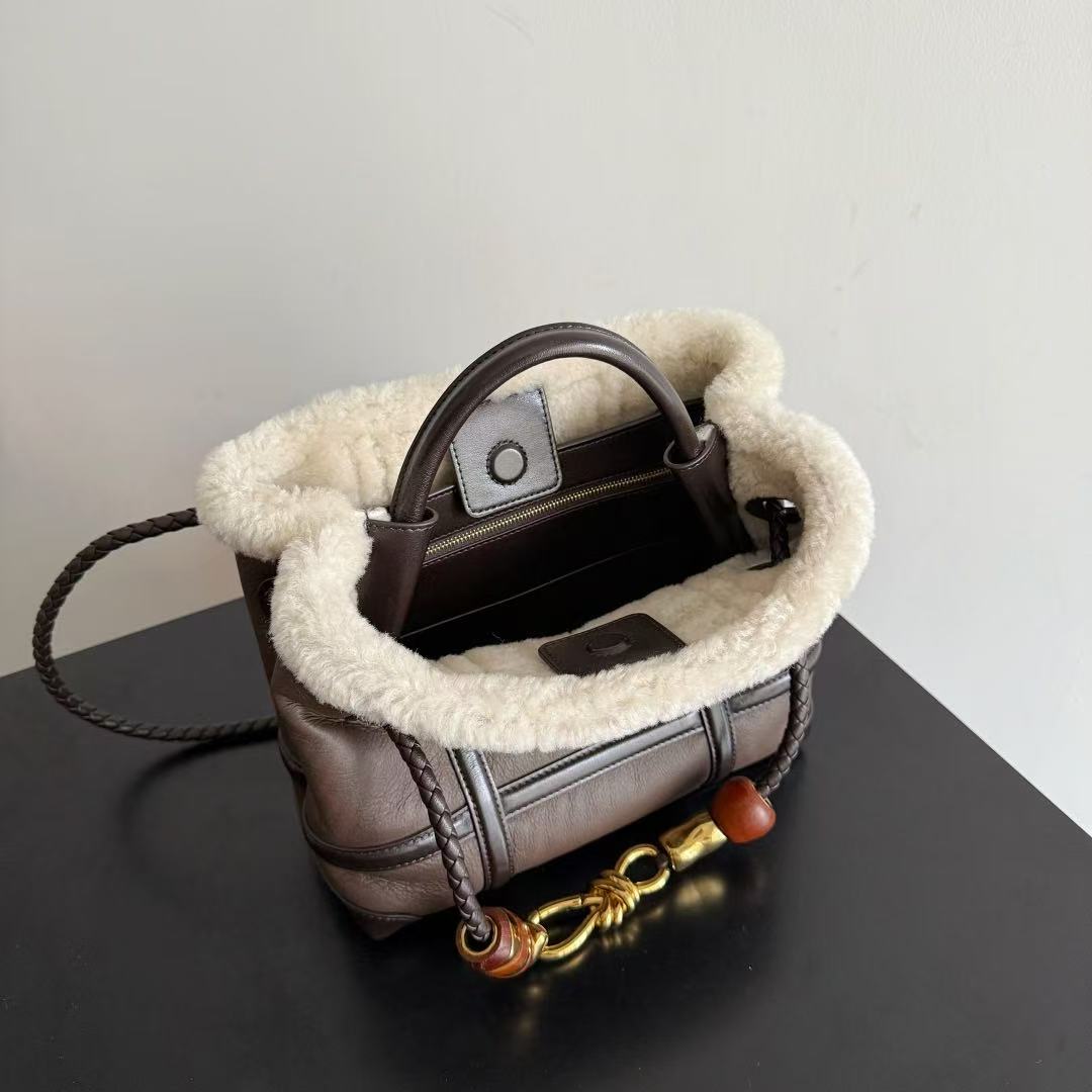 BV Andiamo Small  Brown White Fur Leather