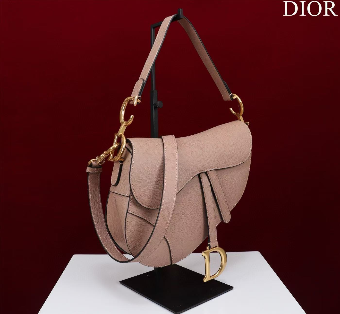 CD Saddle Bag with Strap Blush Pink Grained Calfskin