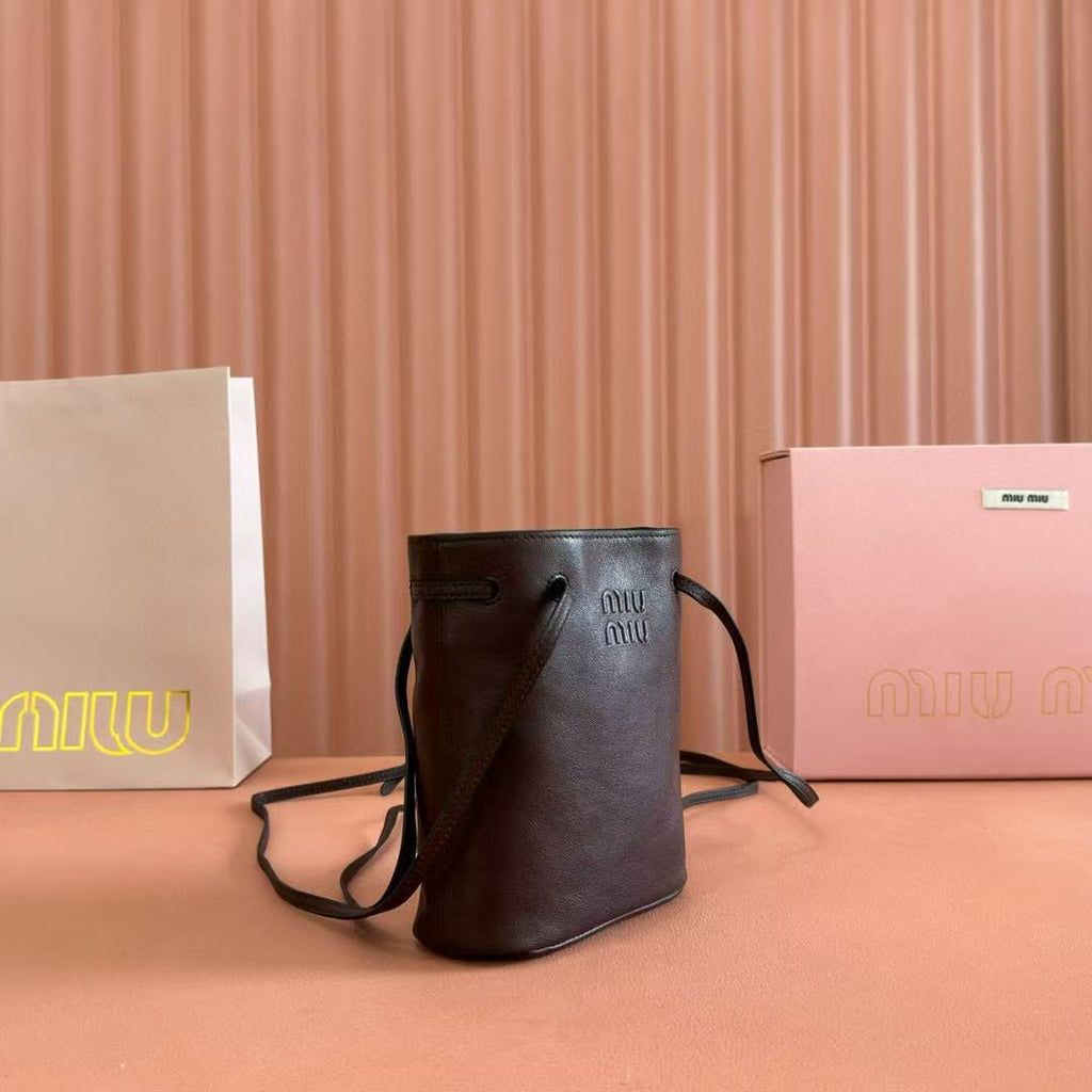 Miu Bucket Bag 14cm Coffee Grain Leather