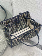 CD Medium Shopping Bag Blue Beige Oblique Jacquard Cotton Calfskin