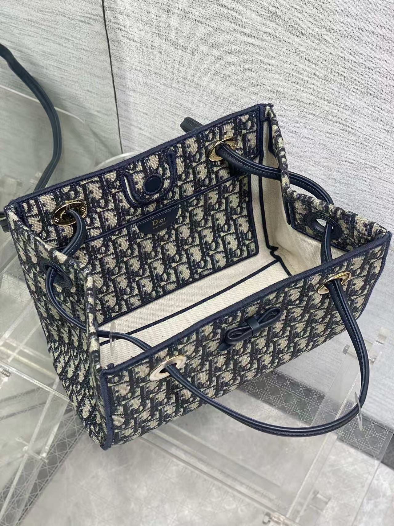 CD Medium Shopping Bag Blue Beige Oblique Jacquard Cotton Calfskin