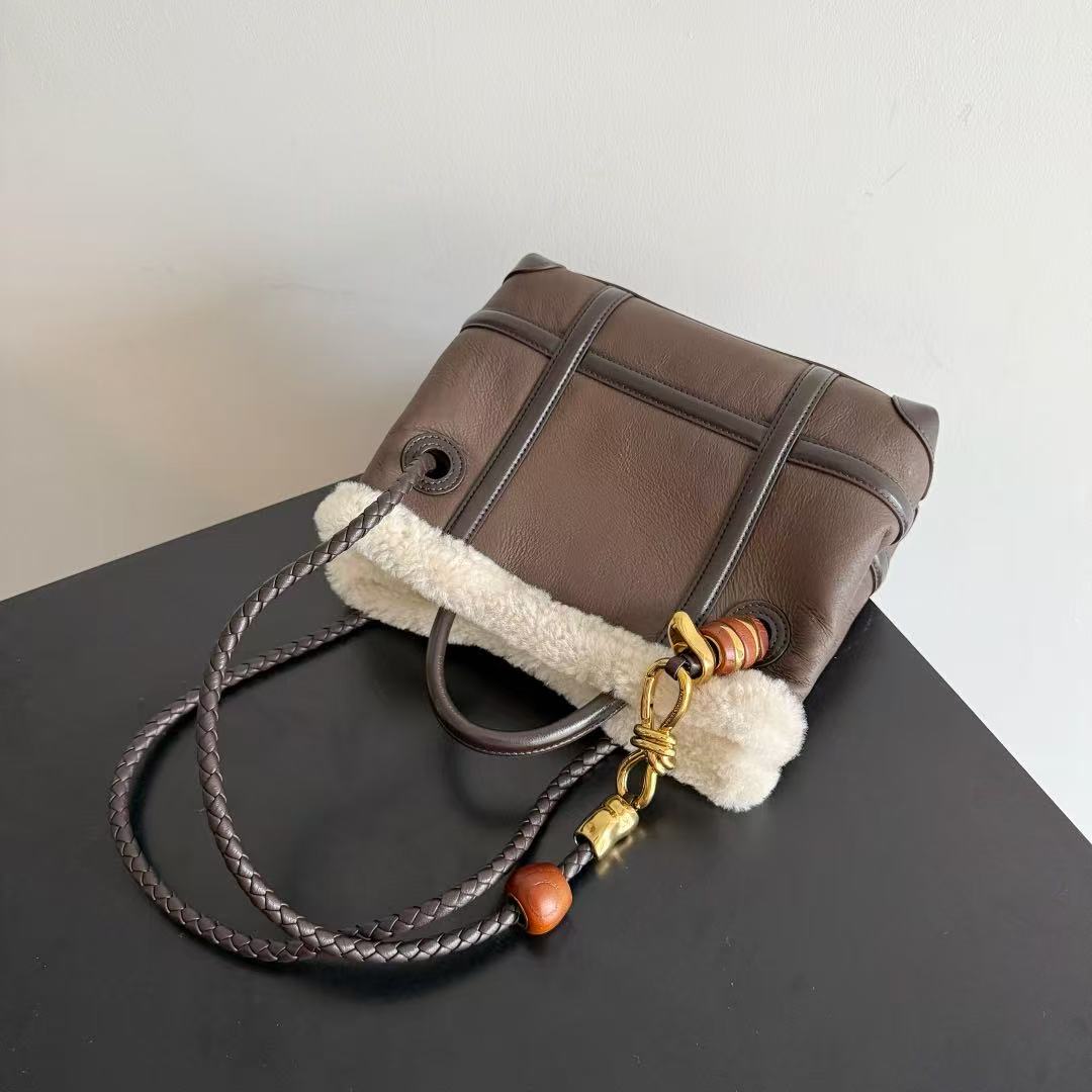 BV Andiamo Small  Brown White Fur Leather