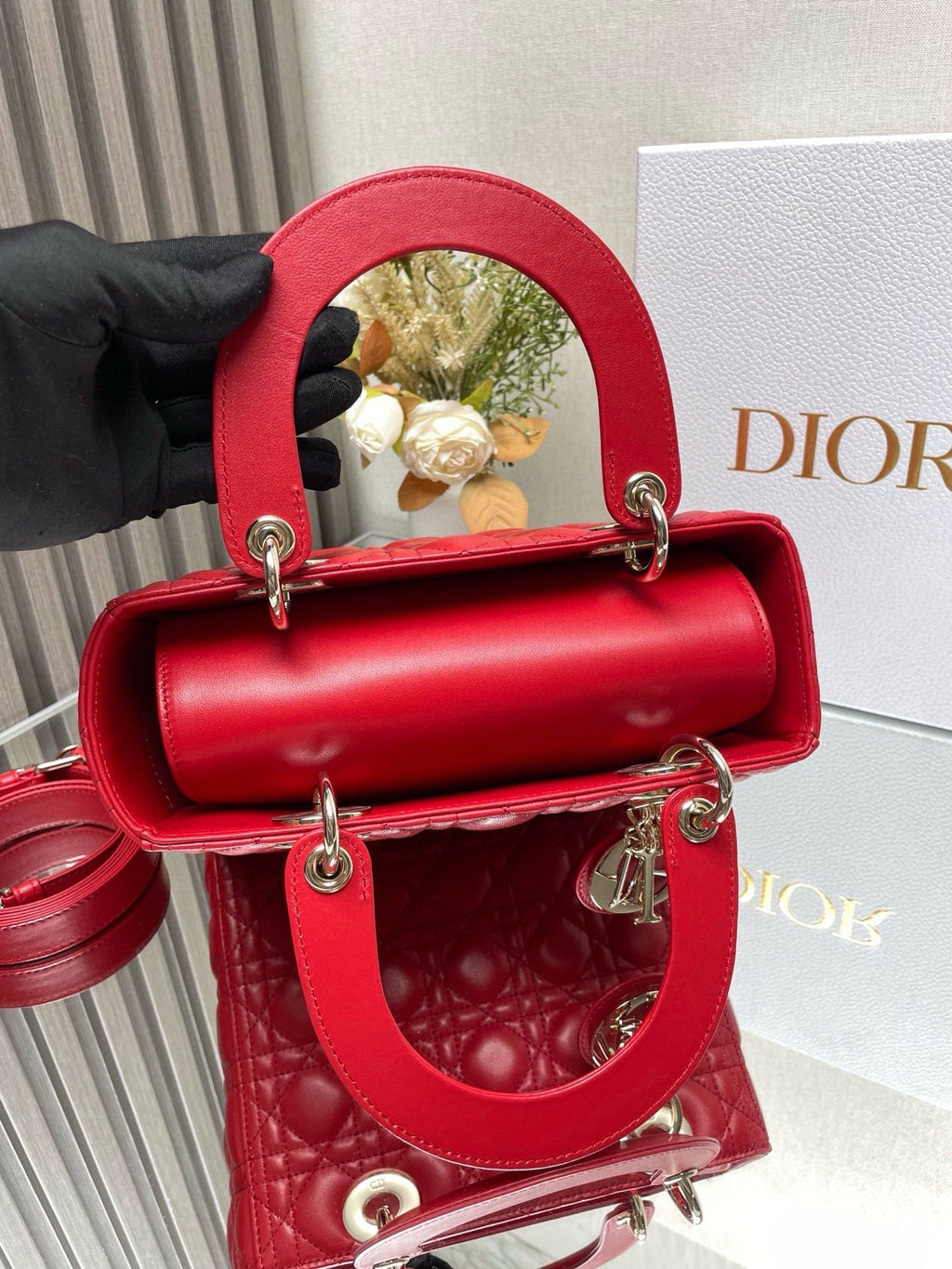 medium lady 24 red calfskin gold hardware