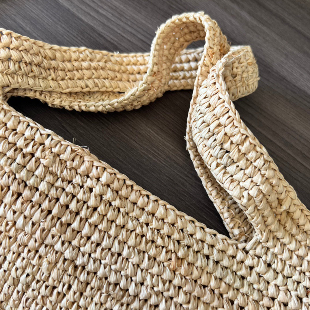 Mini Slit Tote 30cm Beige Raffia Tan Calfskin