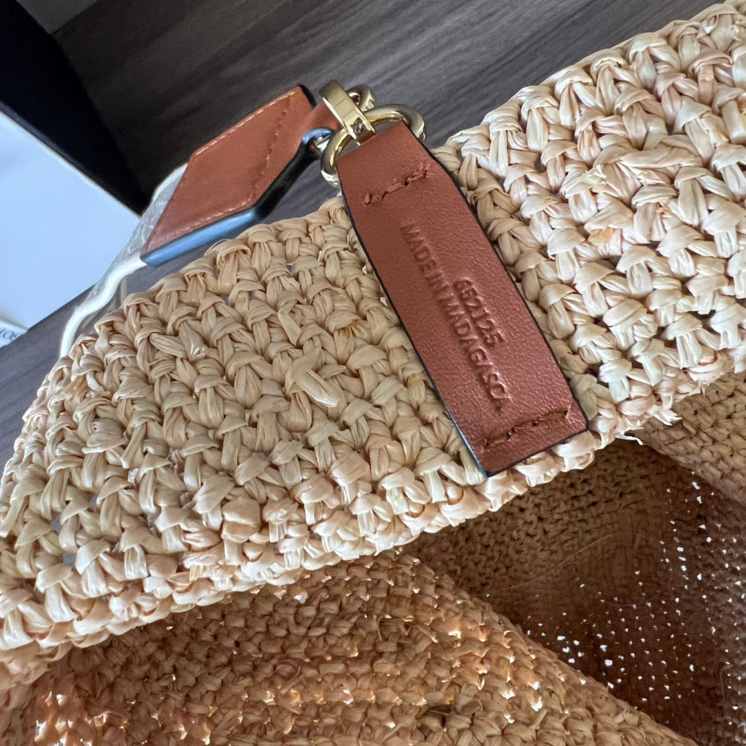 Mini Slit Tote 30cm Beige Raffia Tan Calfskin