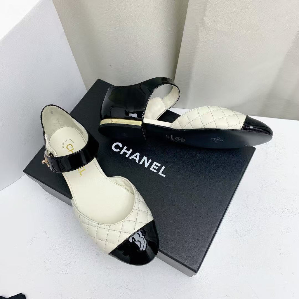 CC Quilted Cap Toe Ballerina Flats Black White Lamskin & Calfskin