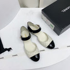 CC Quilted Cap Toe Ballerina Flats Black White Lamskin & Calfskin