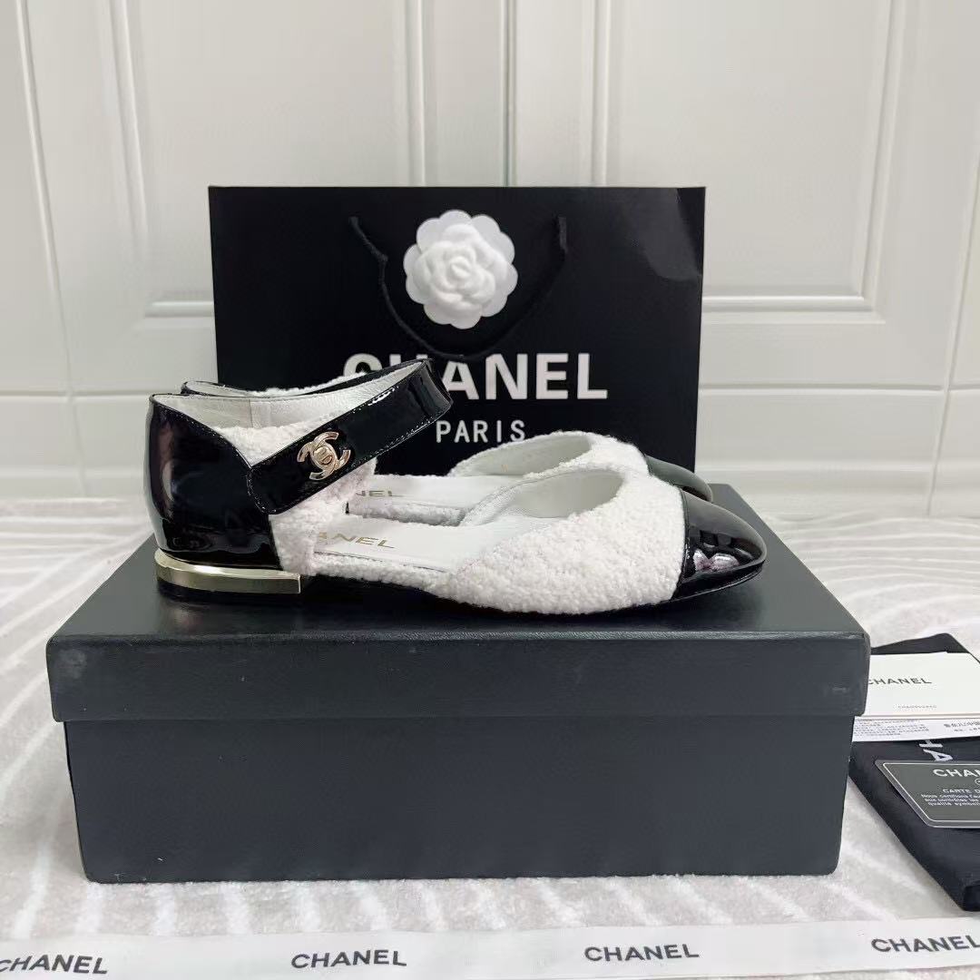 CC Ballerina Flats Black White Tweed & Calfskin
