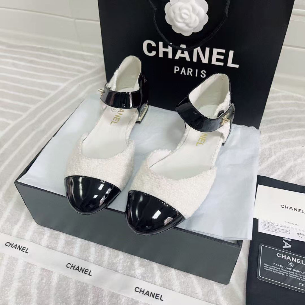 CC Ballerina Flats Black White Tweed & Calfskin