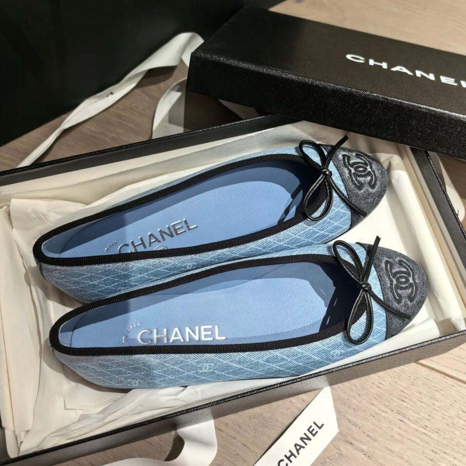 CC 25 Ballet Flat Blue Denim White Quilted