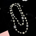 CC Pearl Silver Hardware Long Necklace 65cm with Crystals
